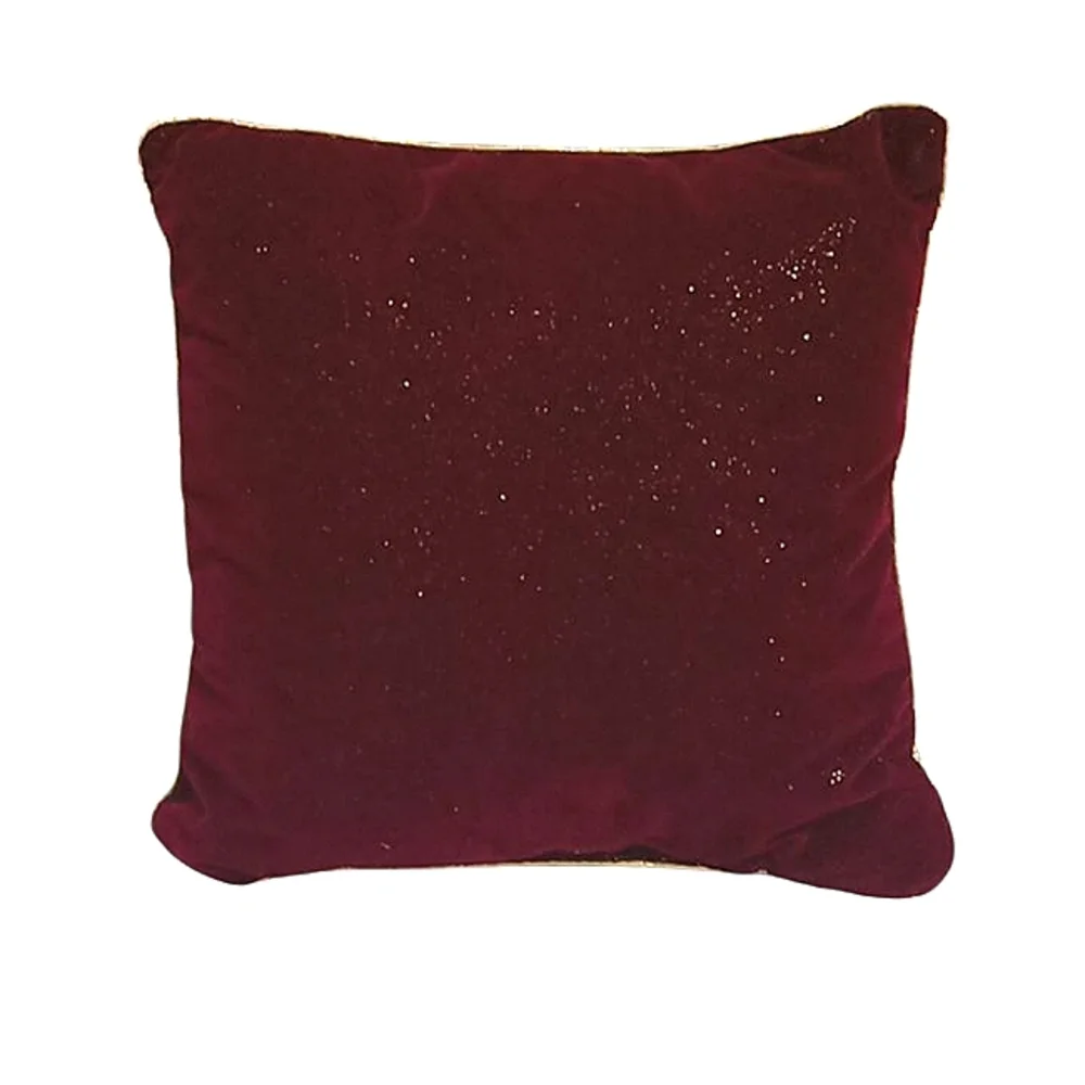 Christmas Embroidered Burgandy Velvet Gold GlitterTrim Throw Pillow